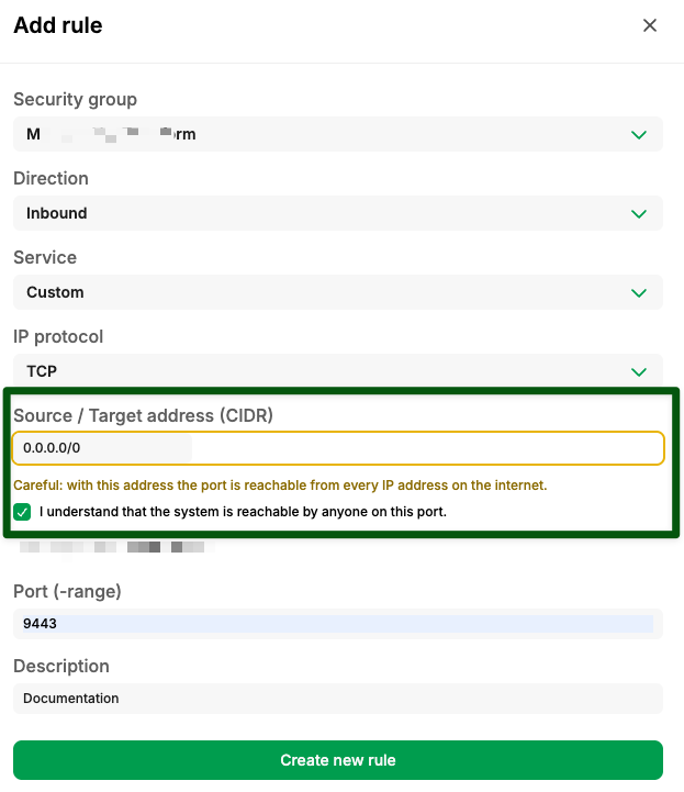 Configuration settings for a security group with highlighted CIDR address warning.
